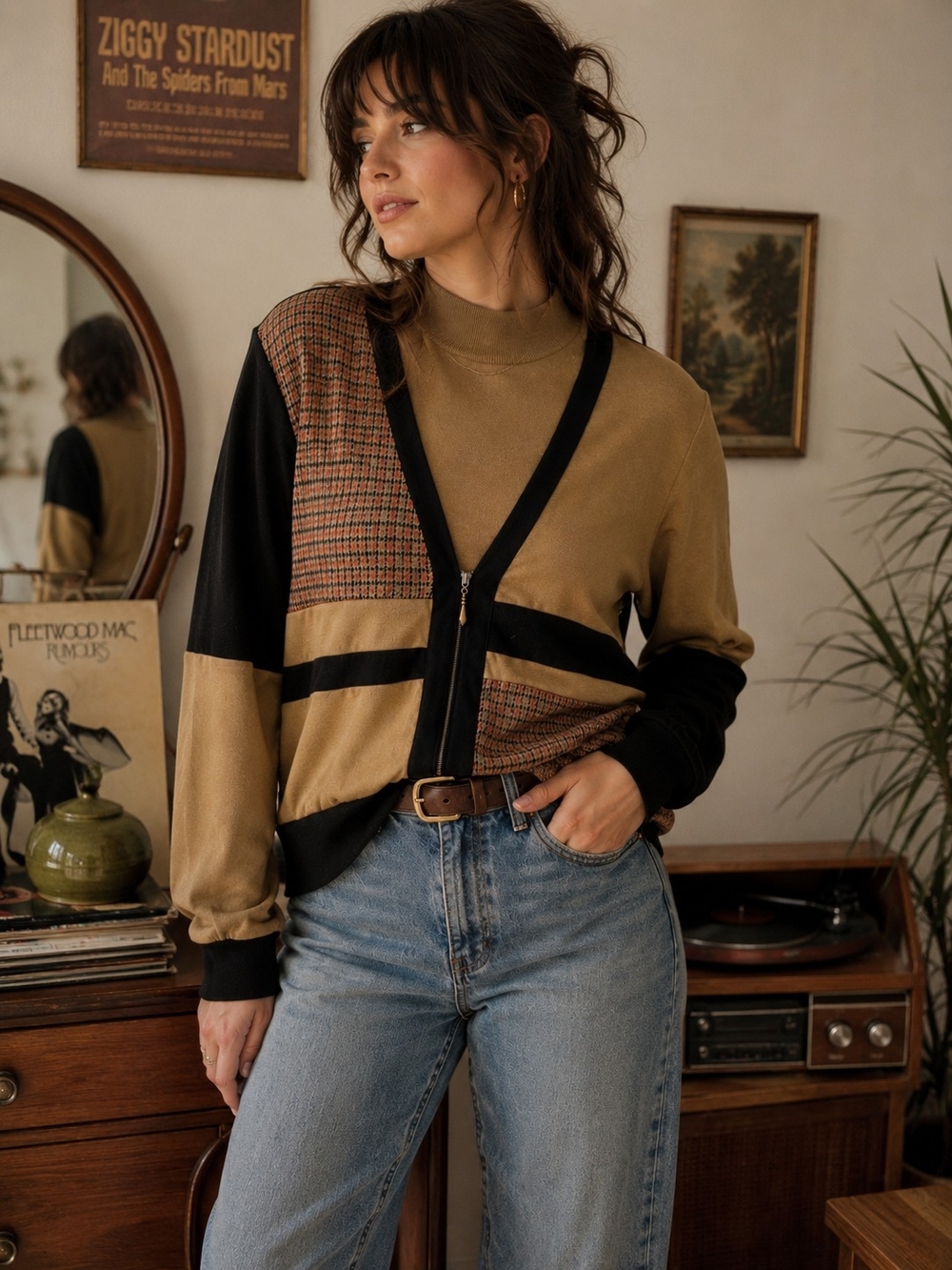 Alfred Dunner Tan and Black Zip-Front Colorblock Plaid Cardigan